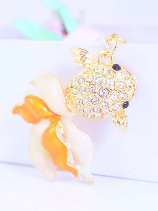 None Handbags - Gold and Orange Crystal Fish Charm Pendant Keychain